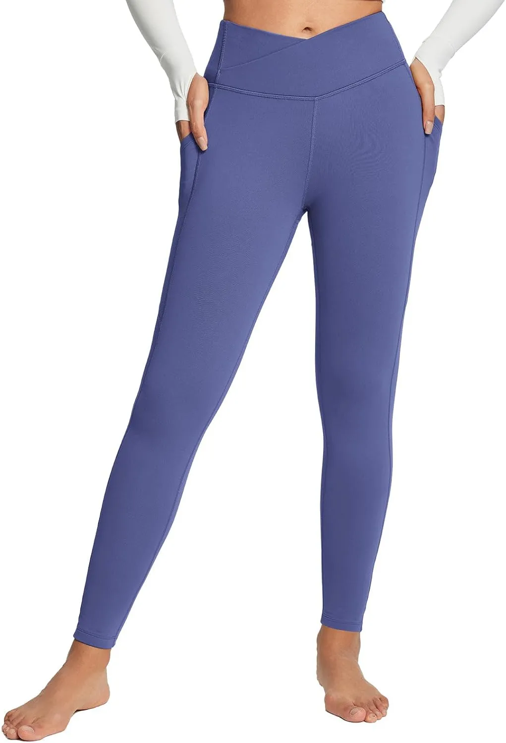 baleaf Women's Crossover Fleece Lined Leggings with Pockets Thermal Warm Winter Tights Crossover High Waisted Yoga Pants
