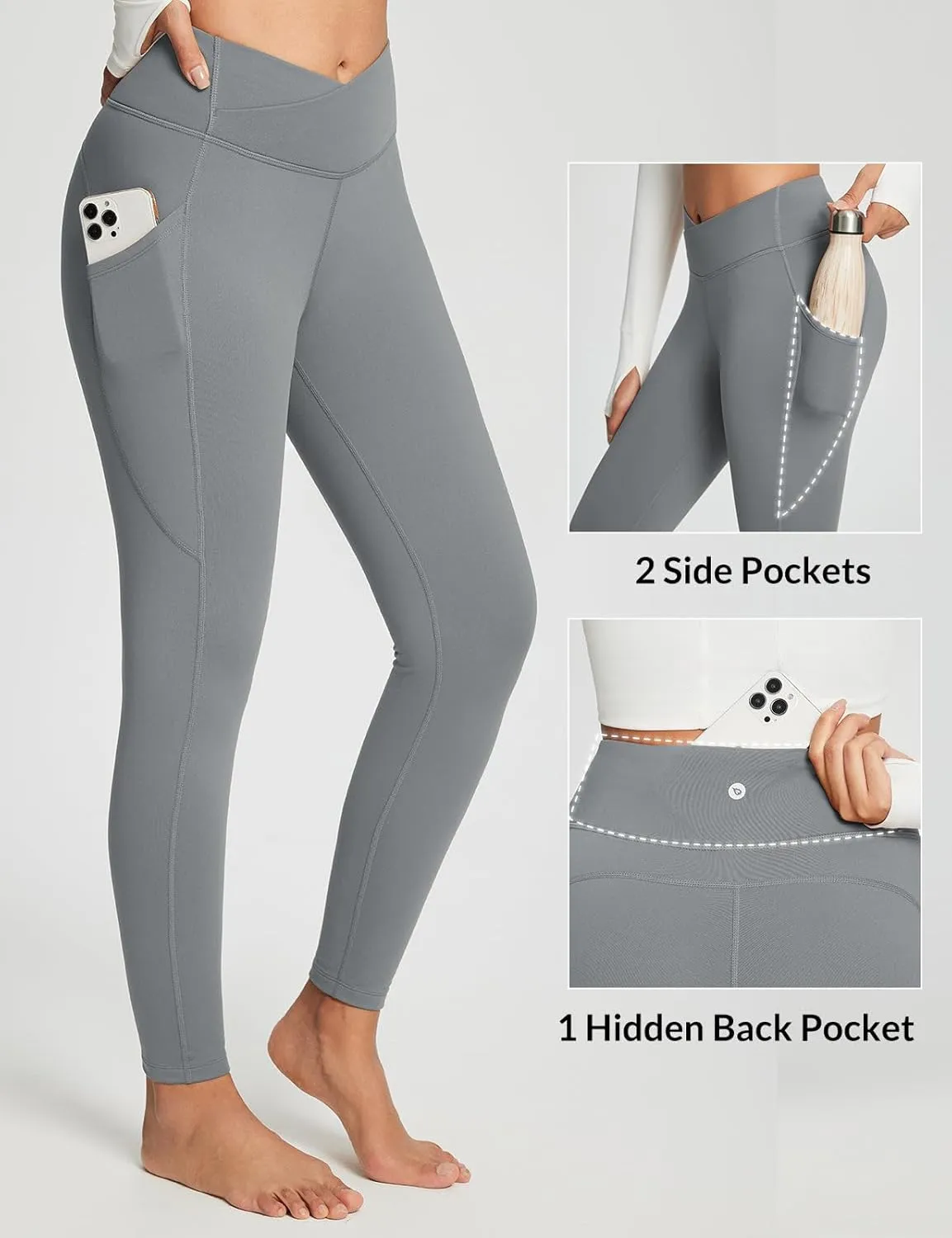 baleaf Women's Crossover Fleece Lined Leggings with Pockets Thermal Warm Winter Tights Crossover High Waisted Yoga Pants