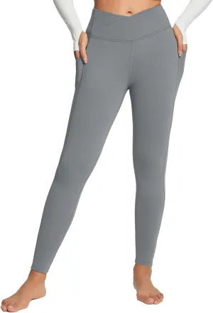 baleaf Women's Crossover Fleece Lined Leggings with Pockets Thermal Warm Winter Tights Crossover High Waisted Yoga Pants