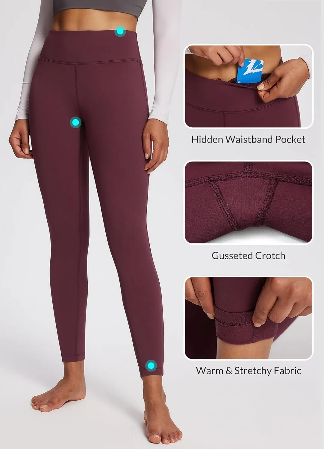 baleaf Women's Petite Fleece Lined Leggings with Pockets, 25" Thermal Winter Warm High Waisted Thick 7/8 Yoga Pants