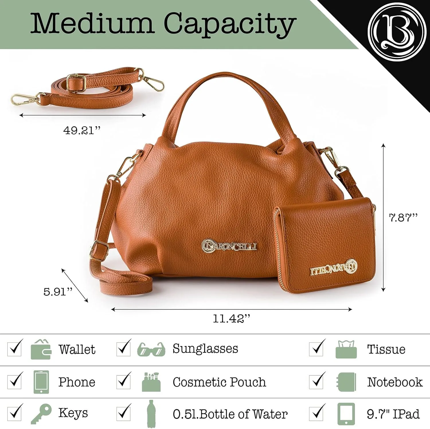 Baroncelli Italian Leather Purse for Women Genuine Soft Leather Medium Size Shoulder Crossbody Bag Made in Italy