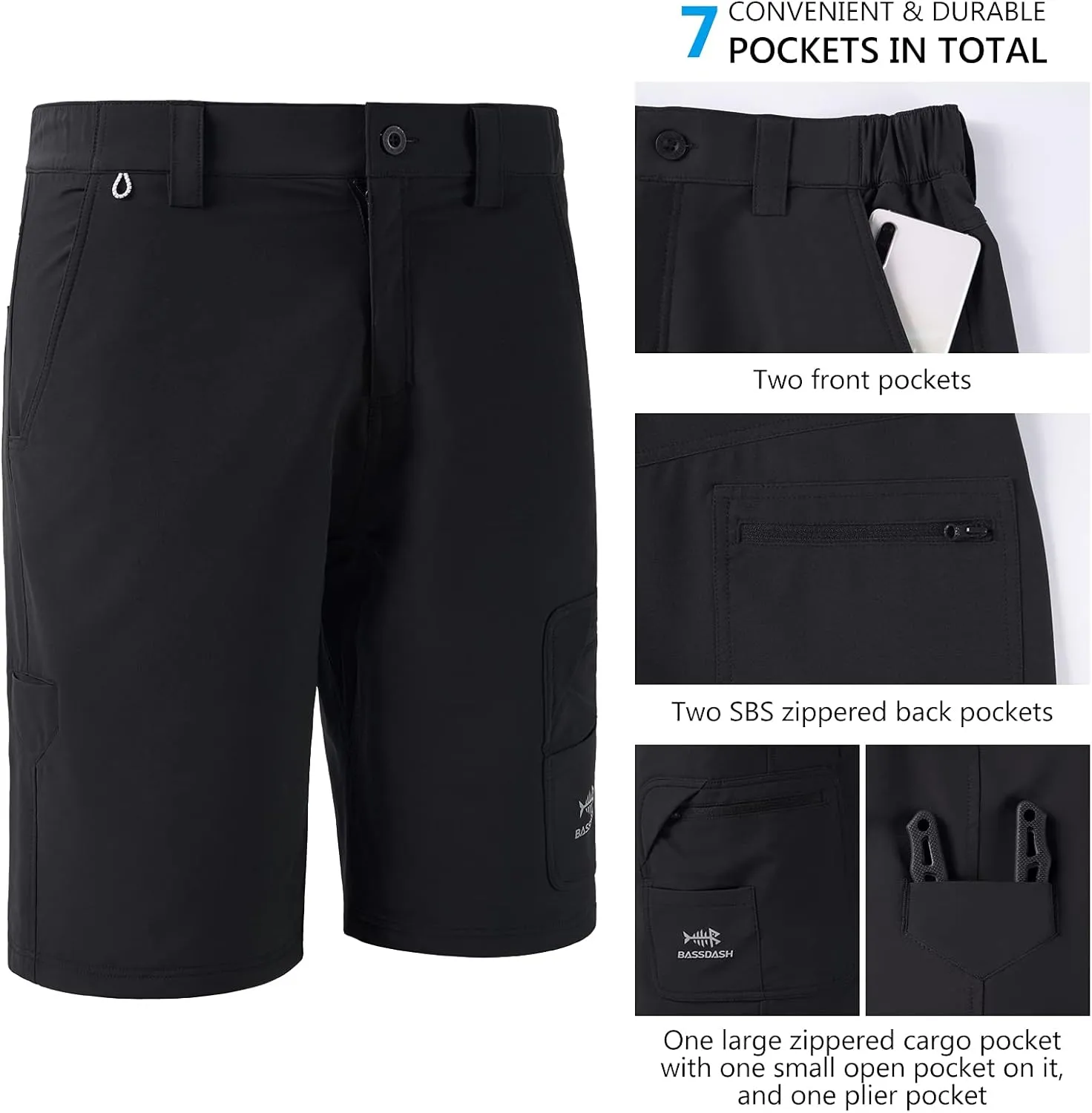 BASSDASH 10.5” Mens Fishing Cargo Shorts Quick Dry UPF 50  Water Resistant FP01M