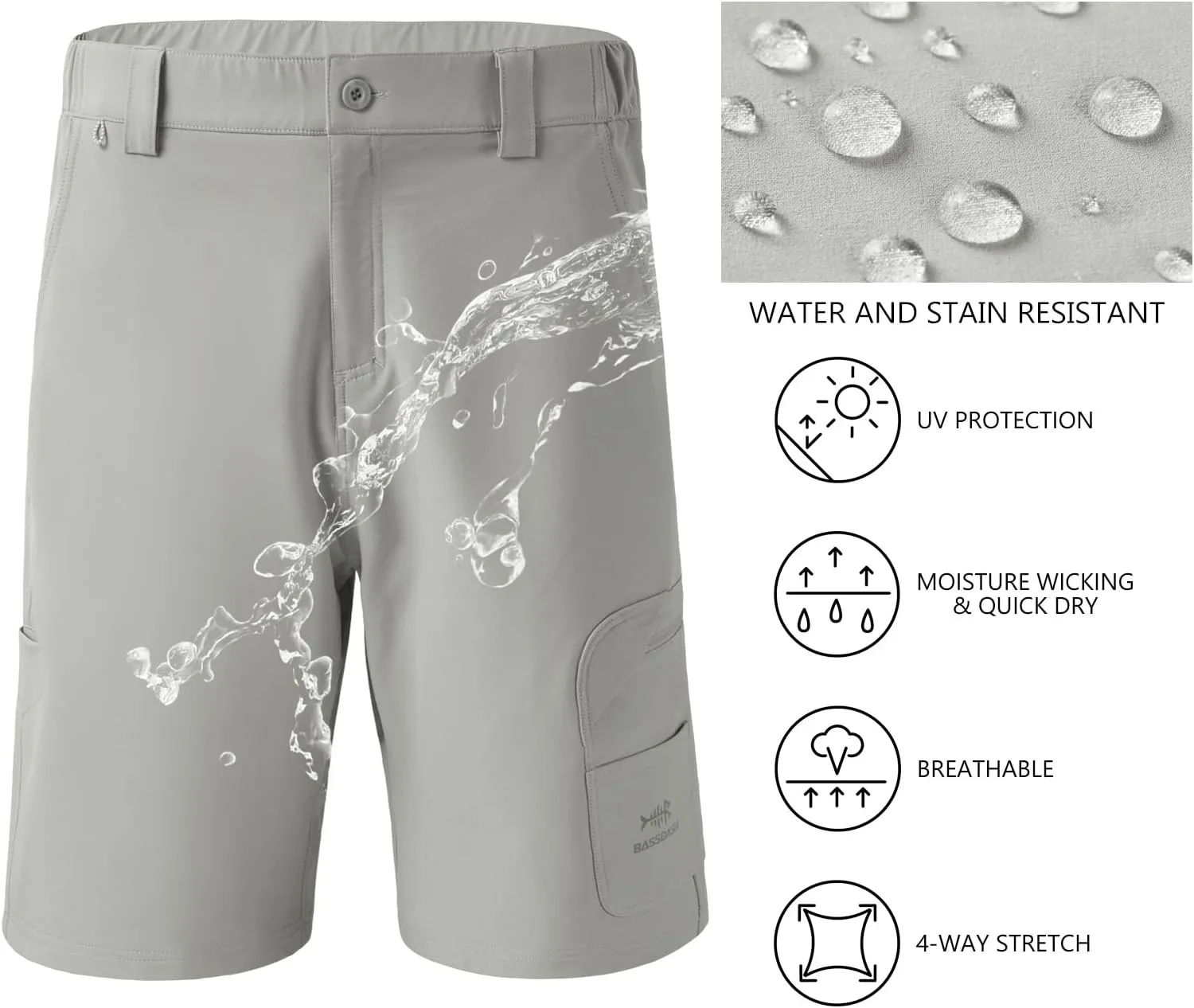 BASSDASH 10.5” Mens Fishing Cargo Shorts Quick Dry UPF 50  Water Resistant FP01M