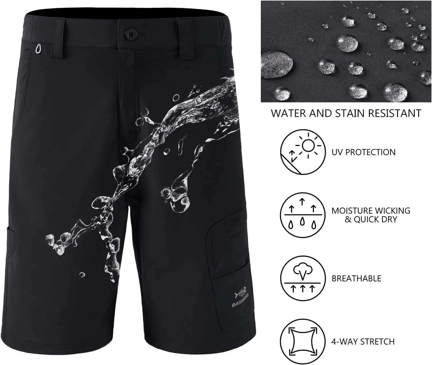 BASSDASH 10.5” Mens Fishing Cargo Shorts Quick Dry UPF 50  Water Resistant FP01M