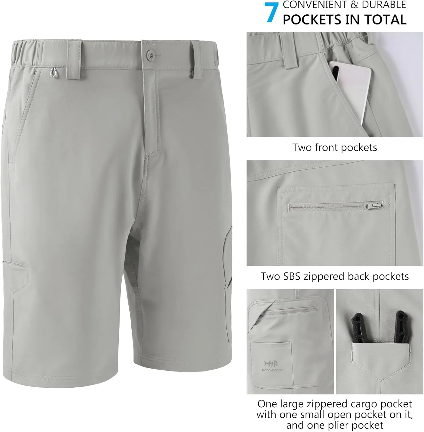 BASSDASH 10.5” Mens Fishing Cargo Shorts Quick Dry UPF 50  Water Resistant FP01M