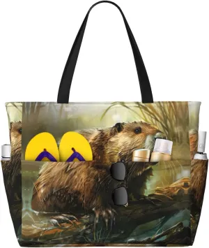 Beaver Print Stylish Beach Tote Bag,Large Capacity Handbag,Perfect For Women'S Vacation And Daily Use