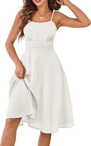 Belle Poque Women 2025 Summer Sundress Spaghetti Strap Swiss Dots A-line Midi Dresses with Pockets