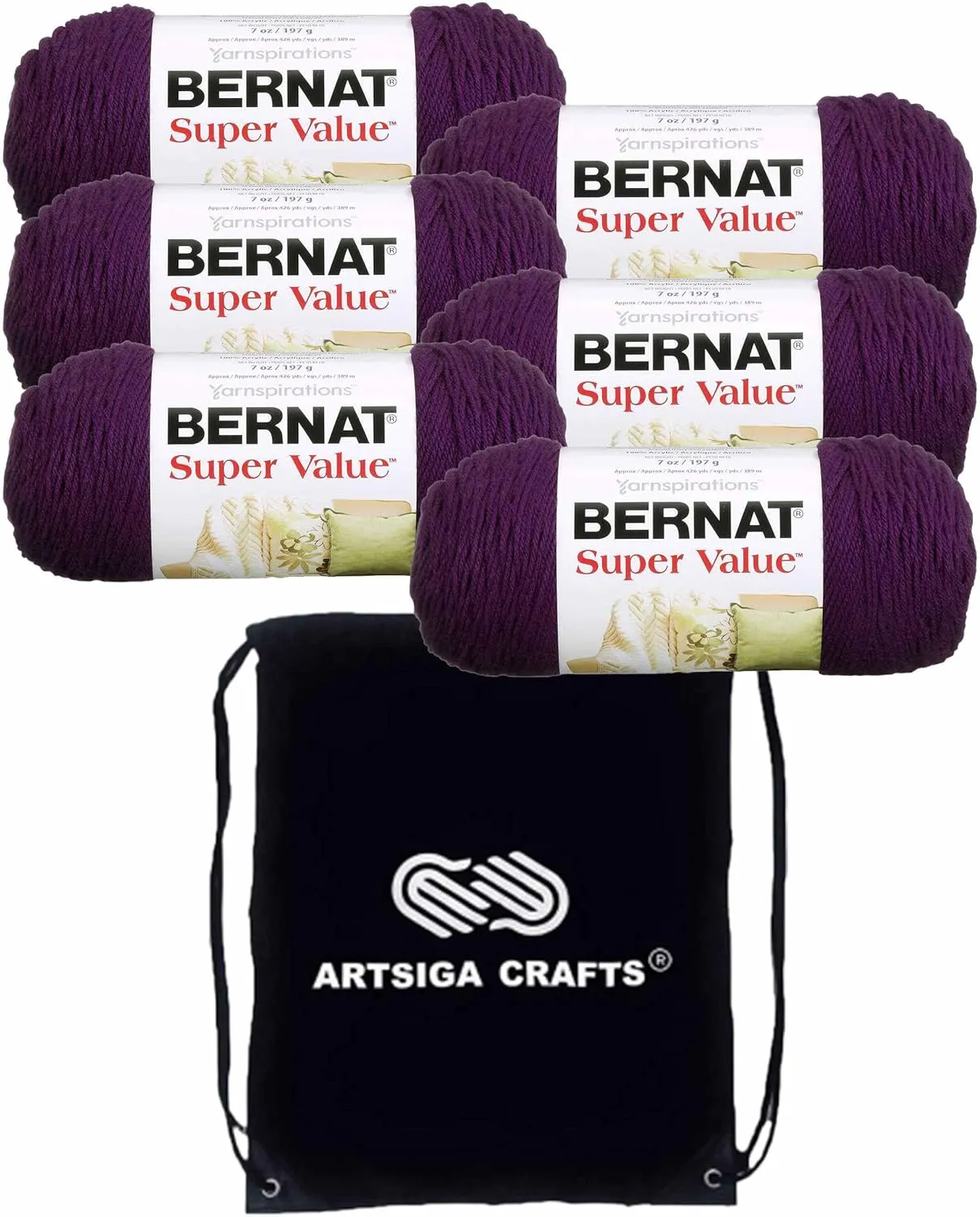 Bernat Super Value Solid Mulberry 164053-53333 (6-Skeins - Same Dye Lot) Worsted Medium #4 Acrylic Yarn for Crocheting and Knitting with Project Bag
