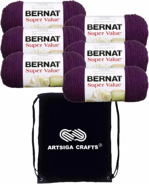 Bernat Super Value Solid Mulberry 164053-53333 (6-Skeins - Same Dye Lot) Worsted Medium #4 Acrylic Yarn for Crocheting and Knitting with Project Bag