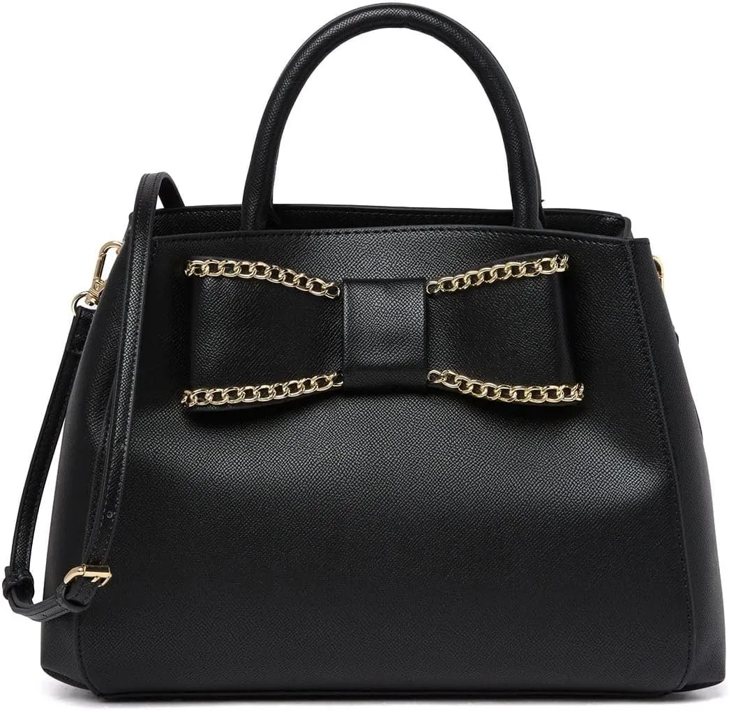 Betsey Johnson XO Mona Triple Compartment Black Textured Faux Leather W/Gold Toned Chain Bow Fashion Detail Satchel Shoulder Bag Handbag