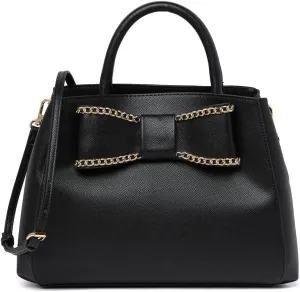 Betsey Johnson XO Mona Triple Compartment Black Textured Faux Leather W/Gold Toned Chain Bow Fashion Detail Satchel Shoulder Bag Handbag