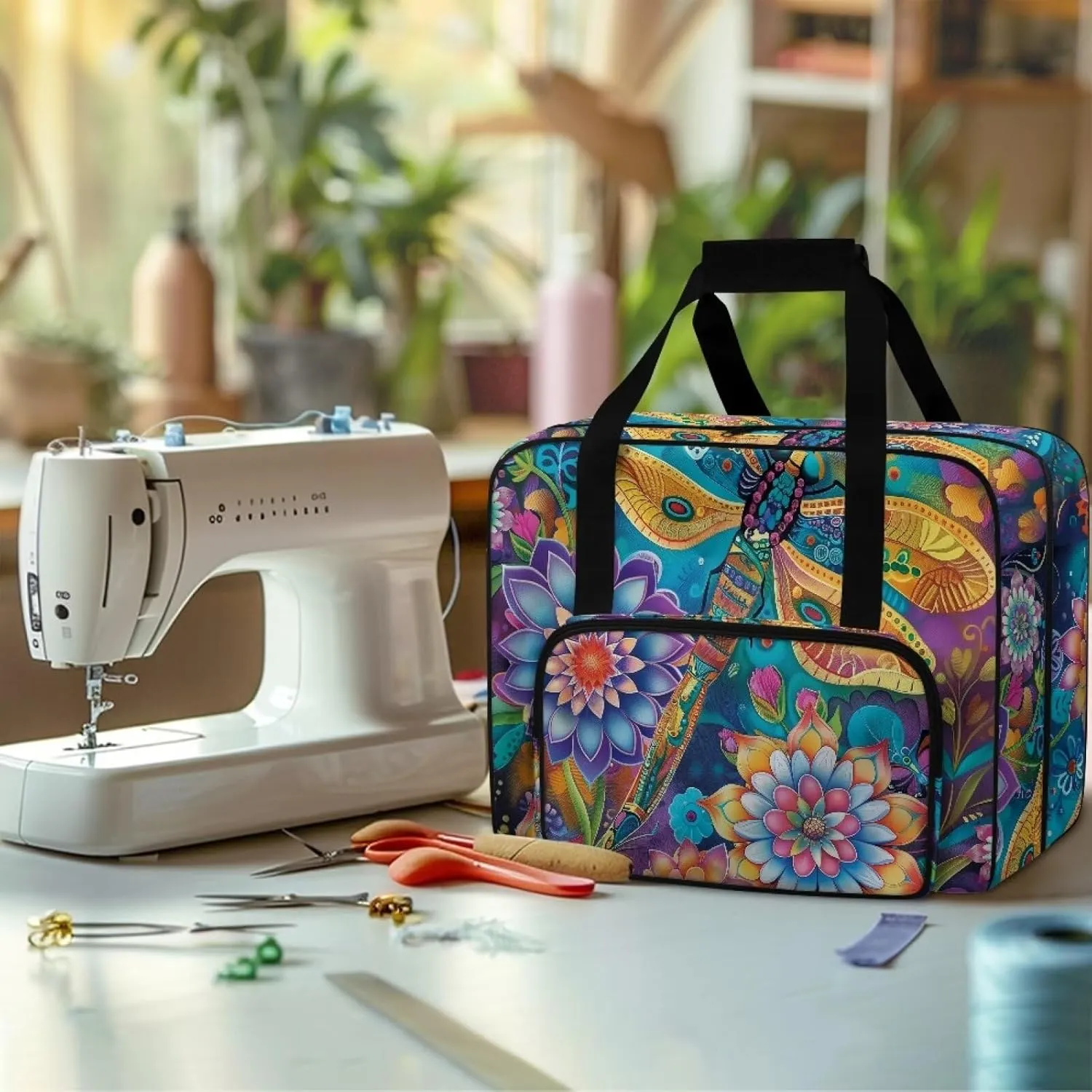 Big Dragonfly Sewing Machine Tote Bag Protector Travel Bag Organizer with Compartments and Pockets, Sewing Box Storage Bag Fits for Most Standard Sewing Machines (Bag Only)