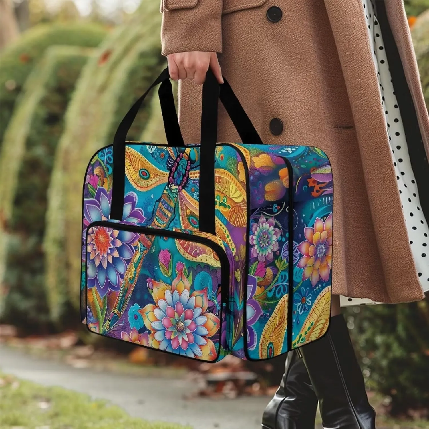 Big Dragonfly Sewing Machine Tote Bag Protector Travel Bag Organizer with Compartments and Pockets, Sewing Box Storage Bag Fits for Most Standard Sewing Machines (Bag Only)