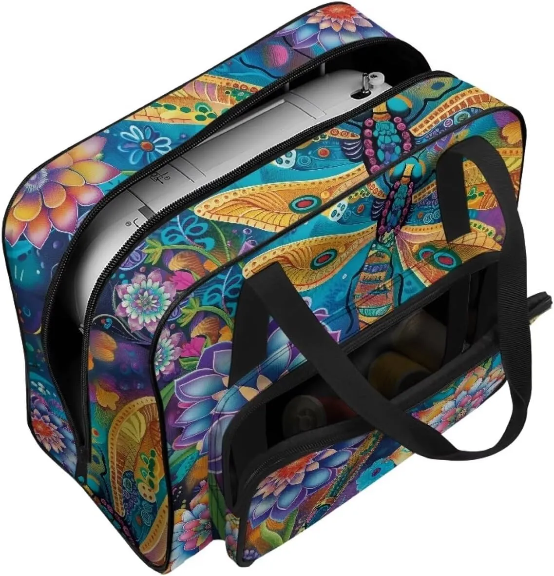 Big Dragonfly Sewing Machine Tote Bag Protector Travel Bag Organizer with Compartments and Pockets, Sewing Box Storage Bag Fits for Most Standard Sewing Machines (Bag Only)