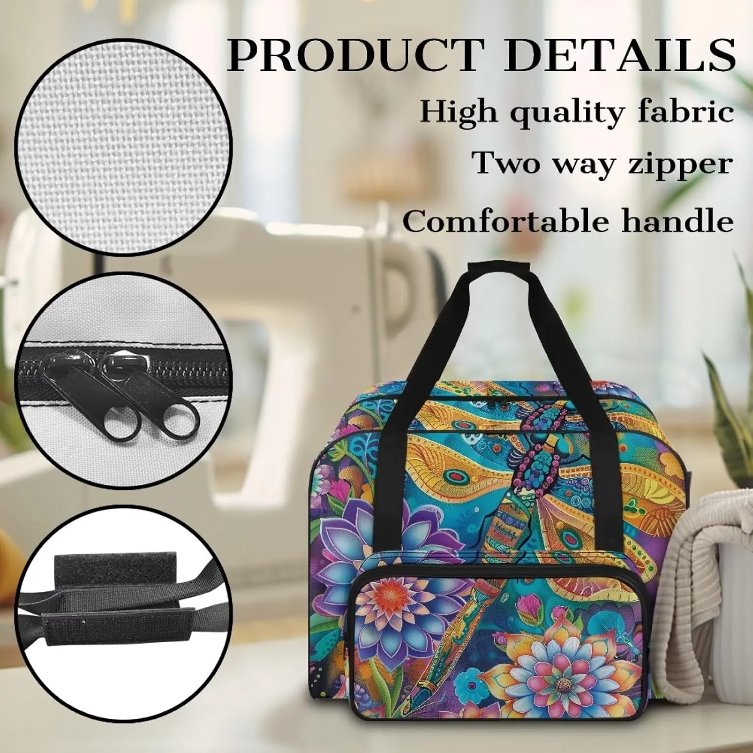 Big Dragonfly Sewing Machine Tote Bag Protector Travel Bag Organizer with Compartments and Pockets, Sewing Box Storage Bag Fits for Most Standard Sewing Machines (Bag Only)