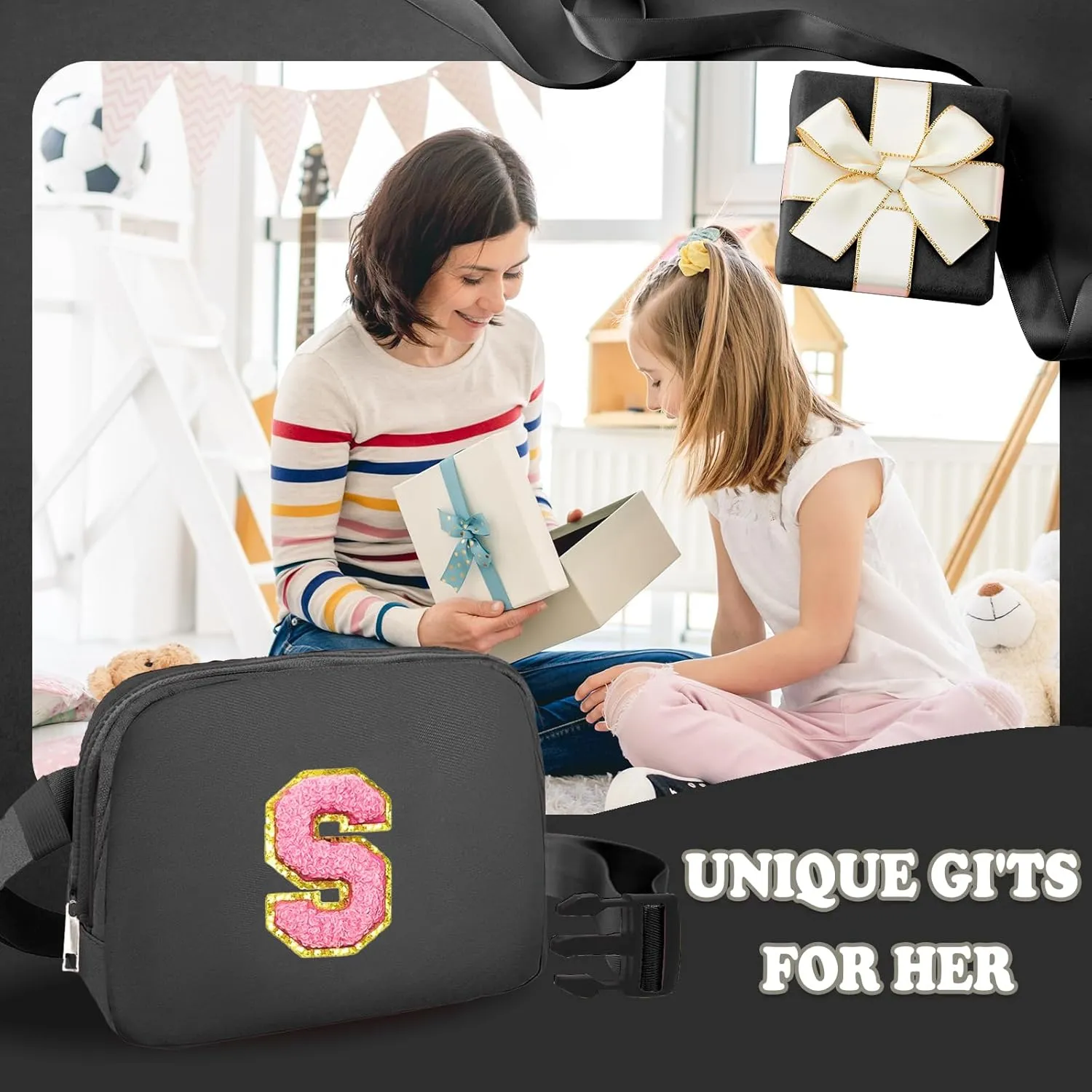 Birthday Gifts for 4 5 6 7 8 9 10 11 12 13 Year Old Girls, Crossbody Bags Fanny Pack with Initial Letter Patch Cute Stuff for Women Girls Teens (S, Black)