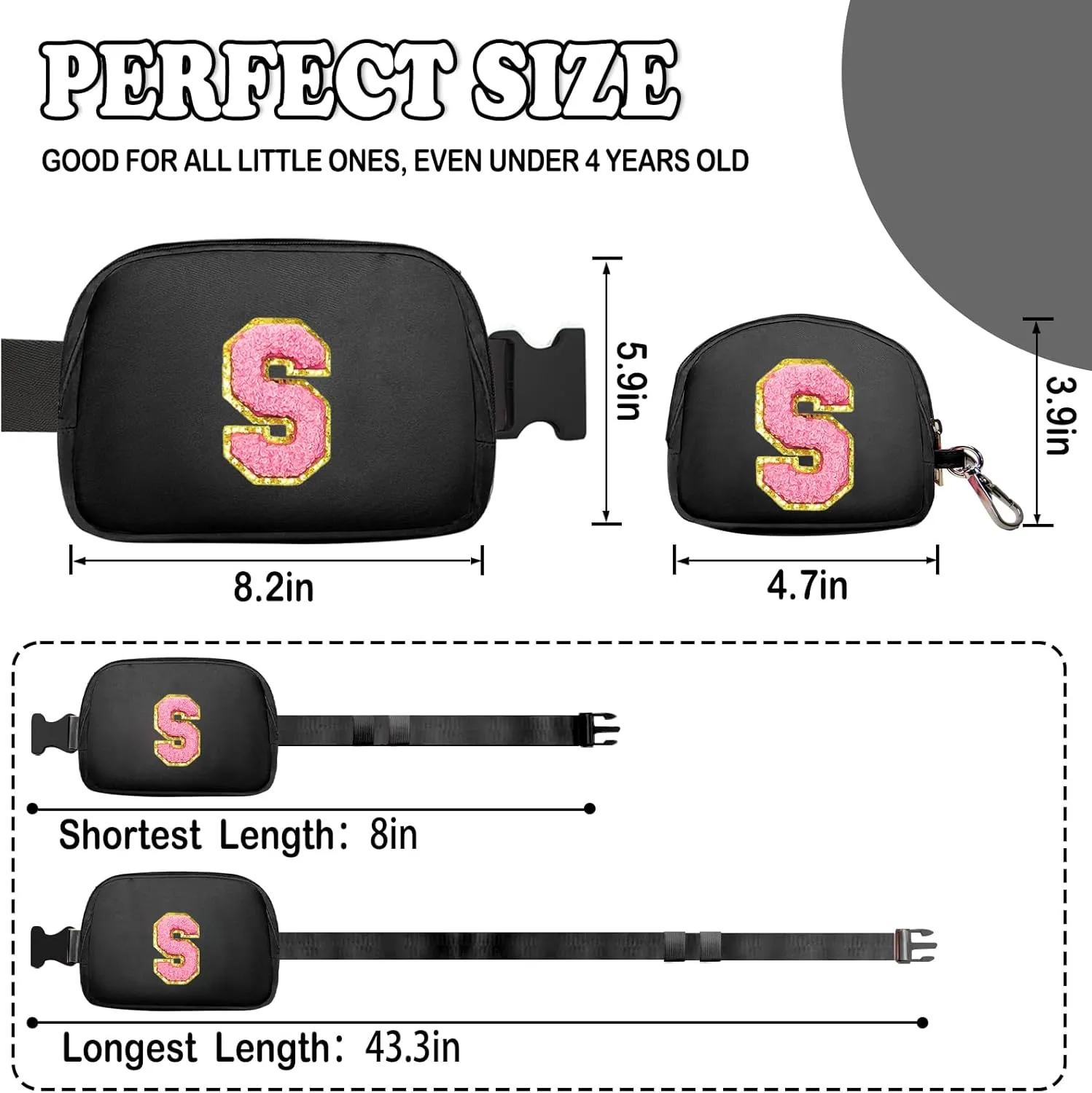 Birthday Gifts for 4 5 6 7 8 9 10 11 12 13 Year Old Girls, Crossbody Bags Fanny Pack with Initial Letter Patch Cute Stuff for Women Girls Teens (S, Black)