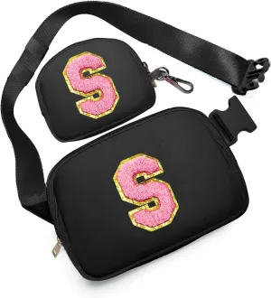 Birthday Gifts for 4 5 6 7 8 9 10 11 12 13 Year Old Girls, Crossbody Bags Fanny Pack with Initial Letter Patch Cute Stuff for Women Girls Teens (S, Black)