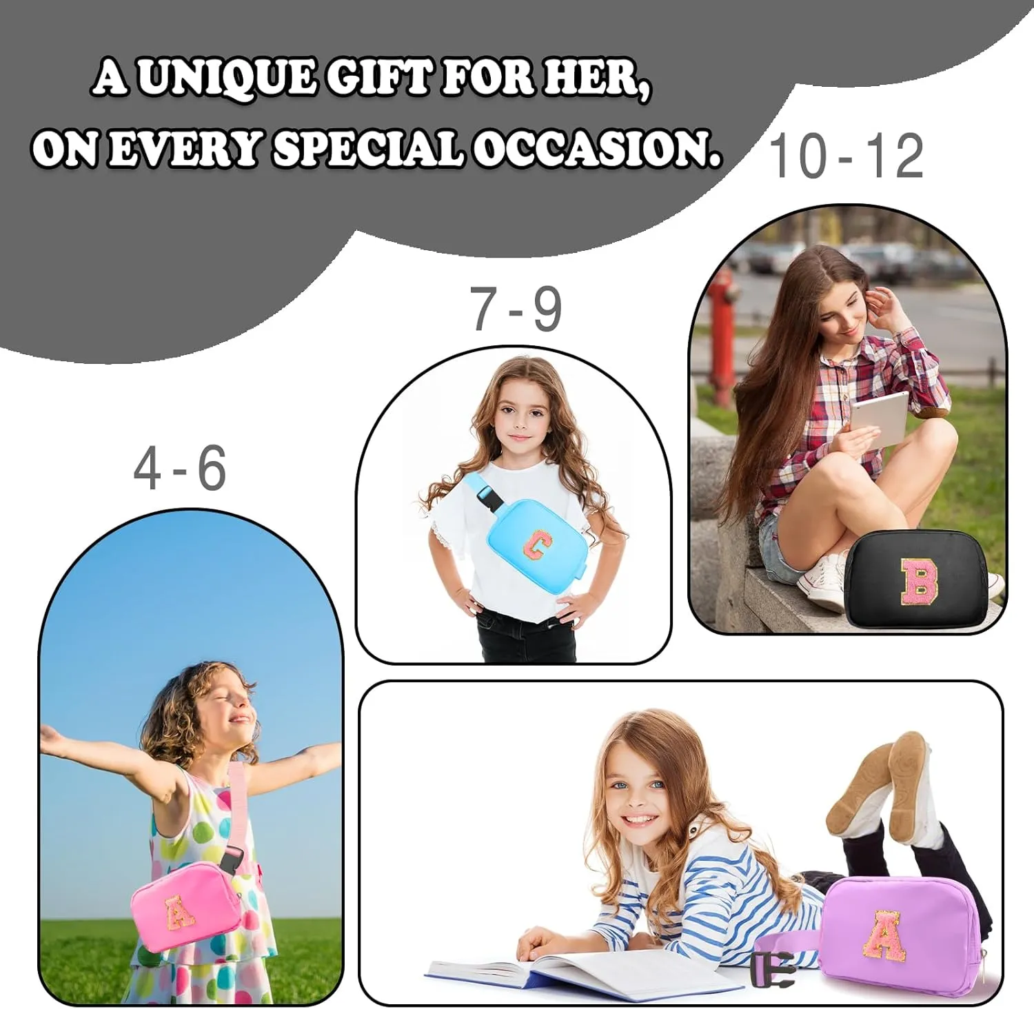 Birthday Gifts for 4 5 6 7 8 9 10 11 12 13 Year Old Girls, Crossbody Bags Fanny Pack with Initial Letter Patch Cute Stuff for Women Girls Teens (S, Black)