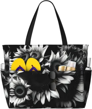 Black And White Sunflowers Print Stylish Beach Tote Bag,Large Capacity Handbag,Perfect For Women'S Vacation And Daily Use