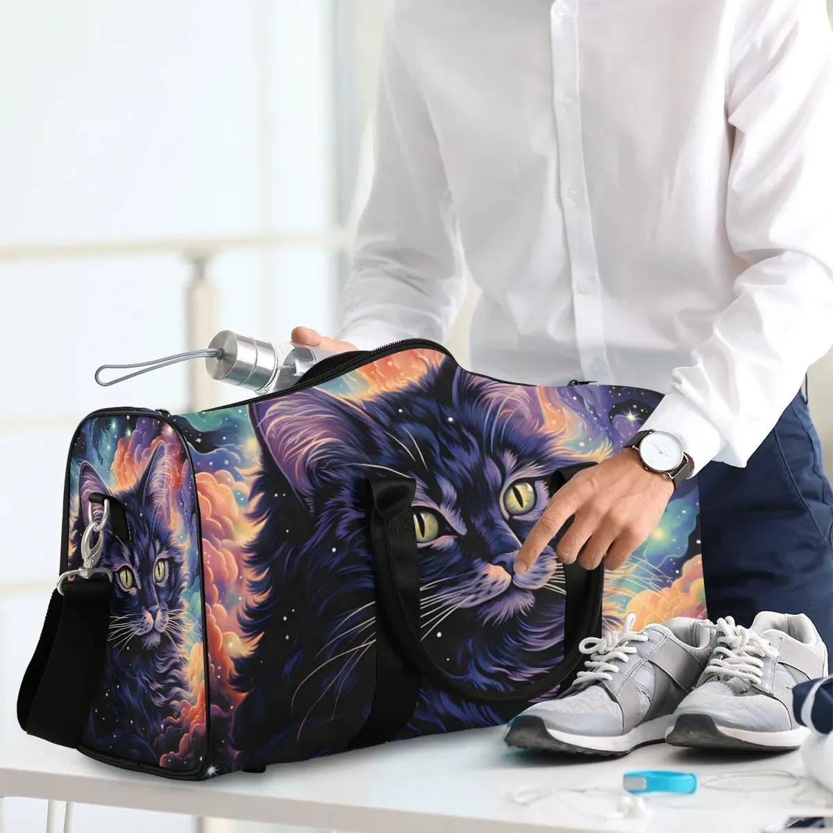 Black Art Kitten Travel Duffel Bag for Women Men Waterproof Foldable Overnight Weekender Bag Large Capacity Sports Gym Bag