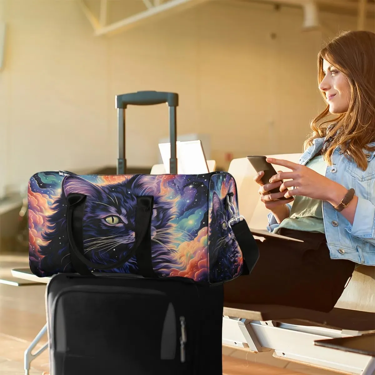 Black Art Kitten Travel Duffel Bag for Women Men Waterproof Foldable Overnight Weekender Bag Large Capacity Sports Gym Bag