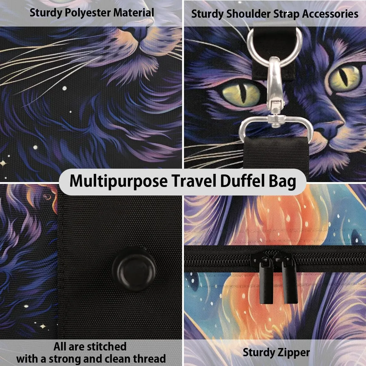Black Art Kitten Travel Duffel Bag for Women Men Waterproof Foldable Overnight Weekender Bag Large Capacity Sports Gym Bag