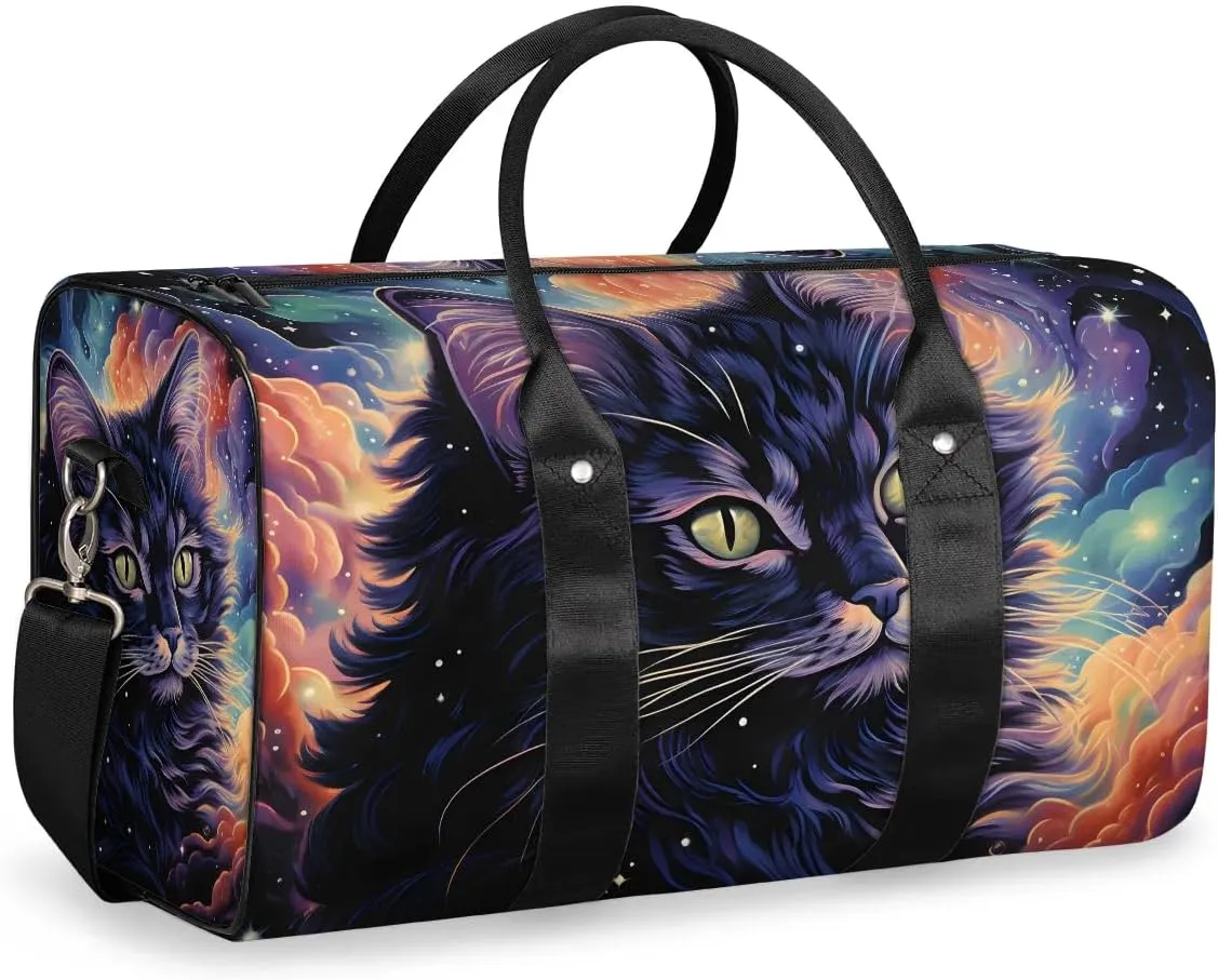 Black Art Kitten Travel Duffel Bag for Women Men Waterproof Foldable Overnight Weekender Bag Large Capacity Sports Gym Bag