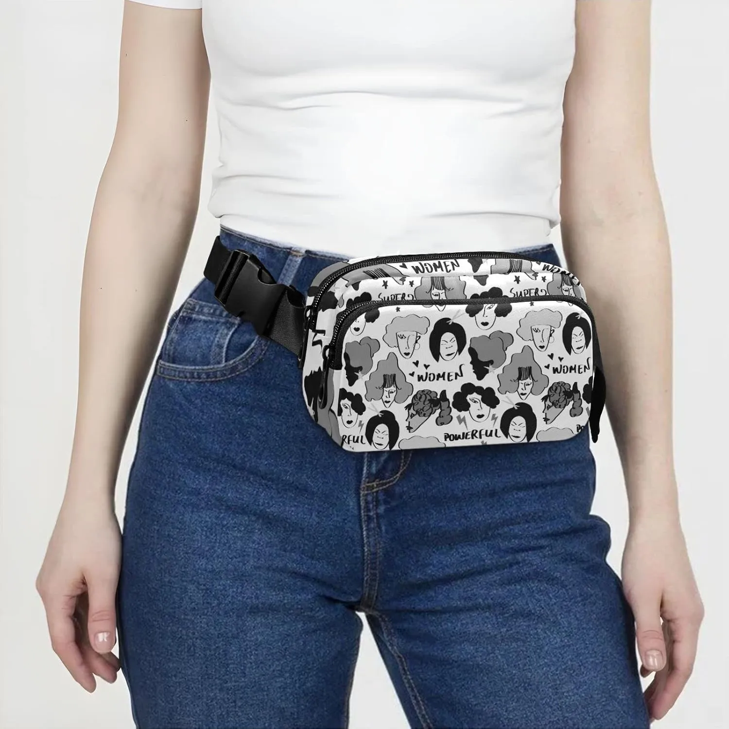 Black Grey Hand Drawn Mixed Nations Woman Faces Doodle Sketch Adjustable Belt Running Bag, Crossbody Fanny Pack Waist Runners Bag Tote for Women Men Sports Hiking Fitness Exercise Gym Pouch