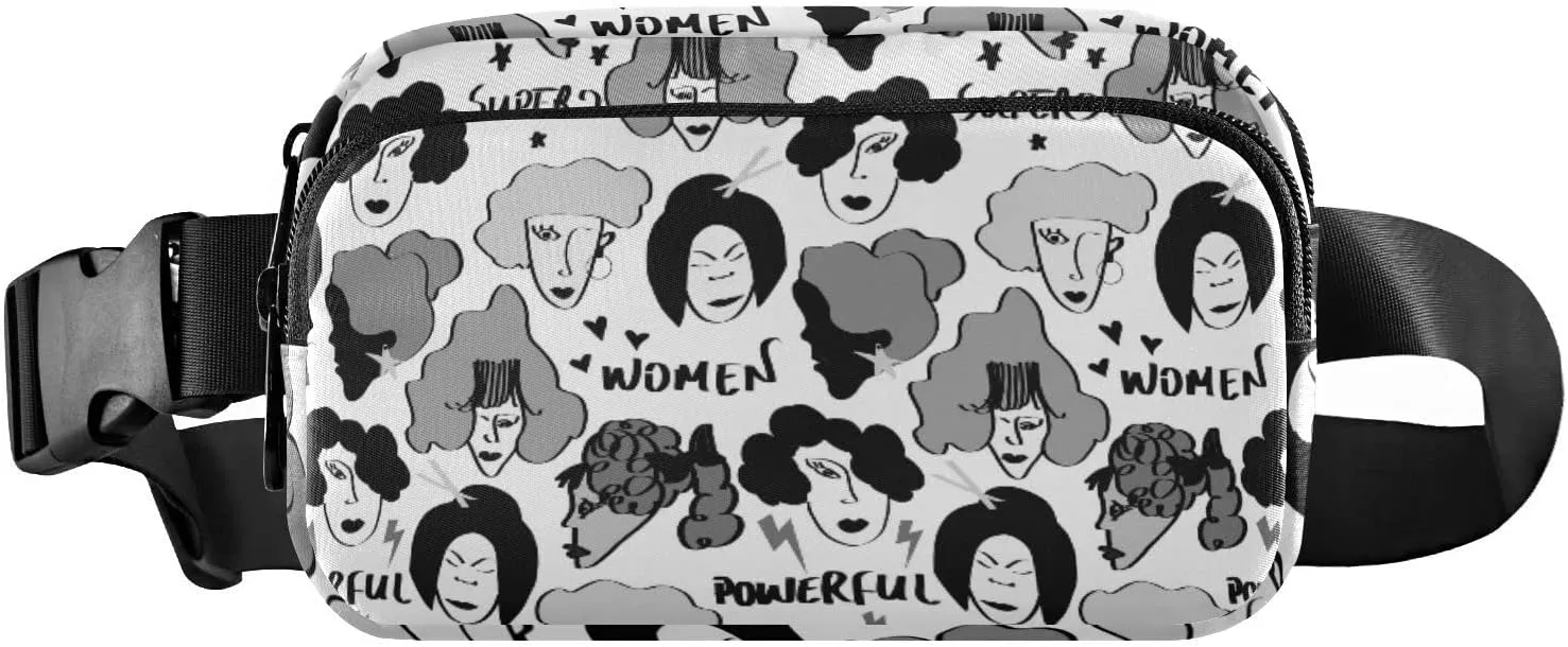 Black Grey Hand Drawn Mixed Nations Woman Faces Doodle Sketch Adjustable Belt Running Bag, Crossbody Fanny Pack Waist Runners Bag Tote for Women Men Sports Hiking Fitness Exercise Gym Pouch