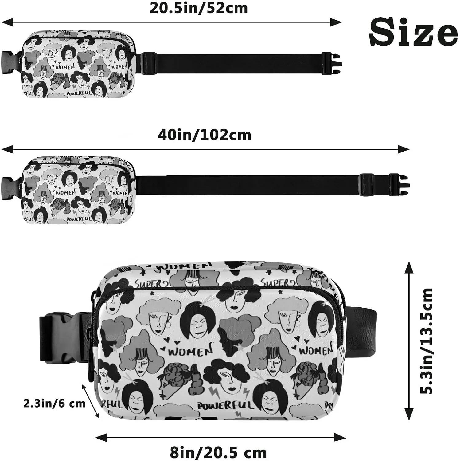 Black Grey Hand Drawn Mixed Nations Woman Faces Doodle Sketch Adjustable Belt Running Bag, Crossbody Fanny Pack Waist Runners Bag Tote for Women Men Sports Hiking Fitness Exercise Gym Pouch