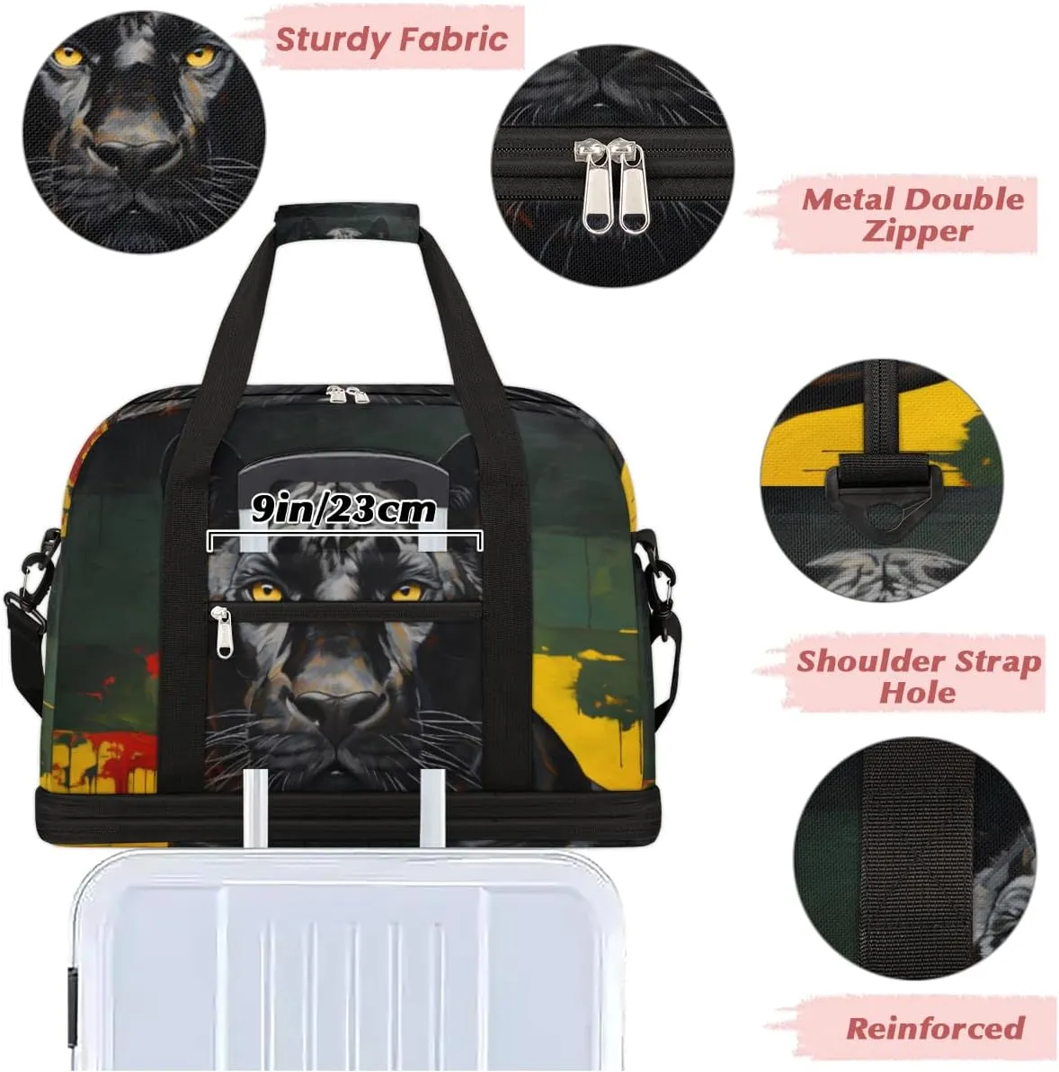 Black Leopard Foldable Travel Duffel Bag Overnight Weekender Bag with Shoes Compartment Sports Gym Bag for Men Women