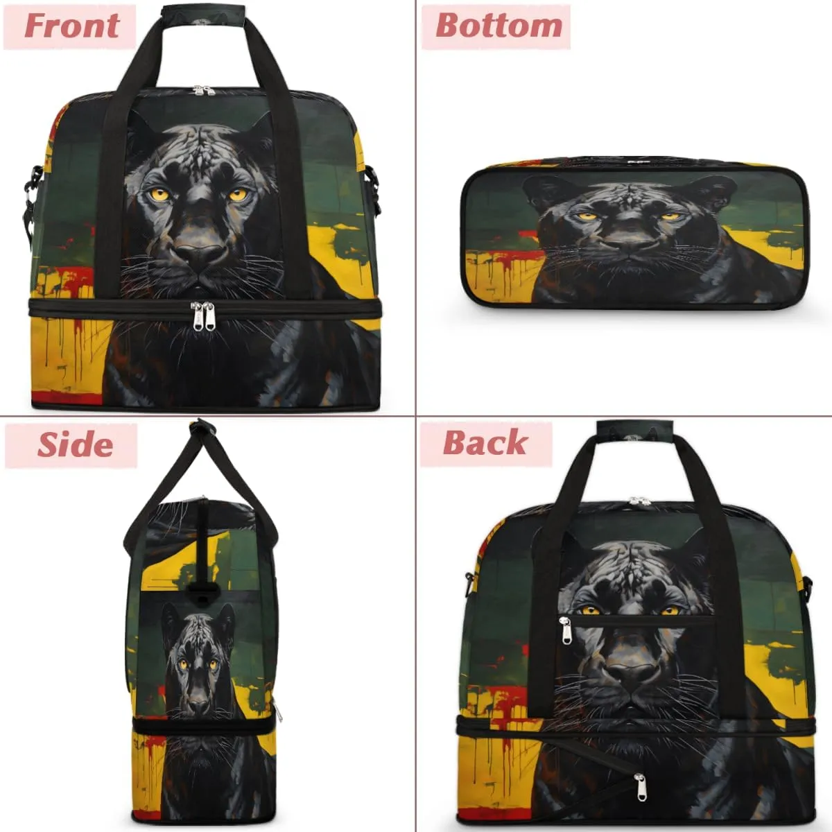 Black Leopard Foldable Travel Duffel Bag Overnight Weekender Bag with Shoes Compartment Sports Gym Bag for Men Women