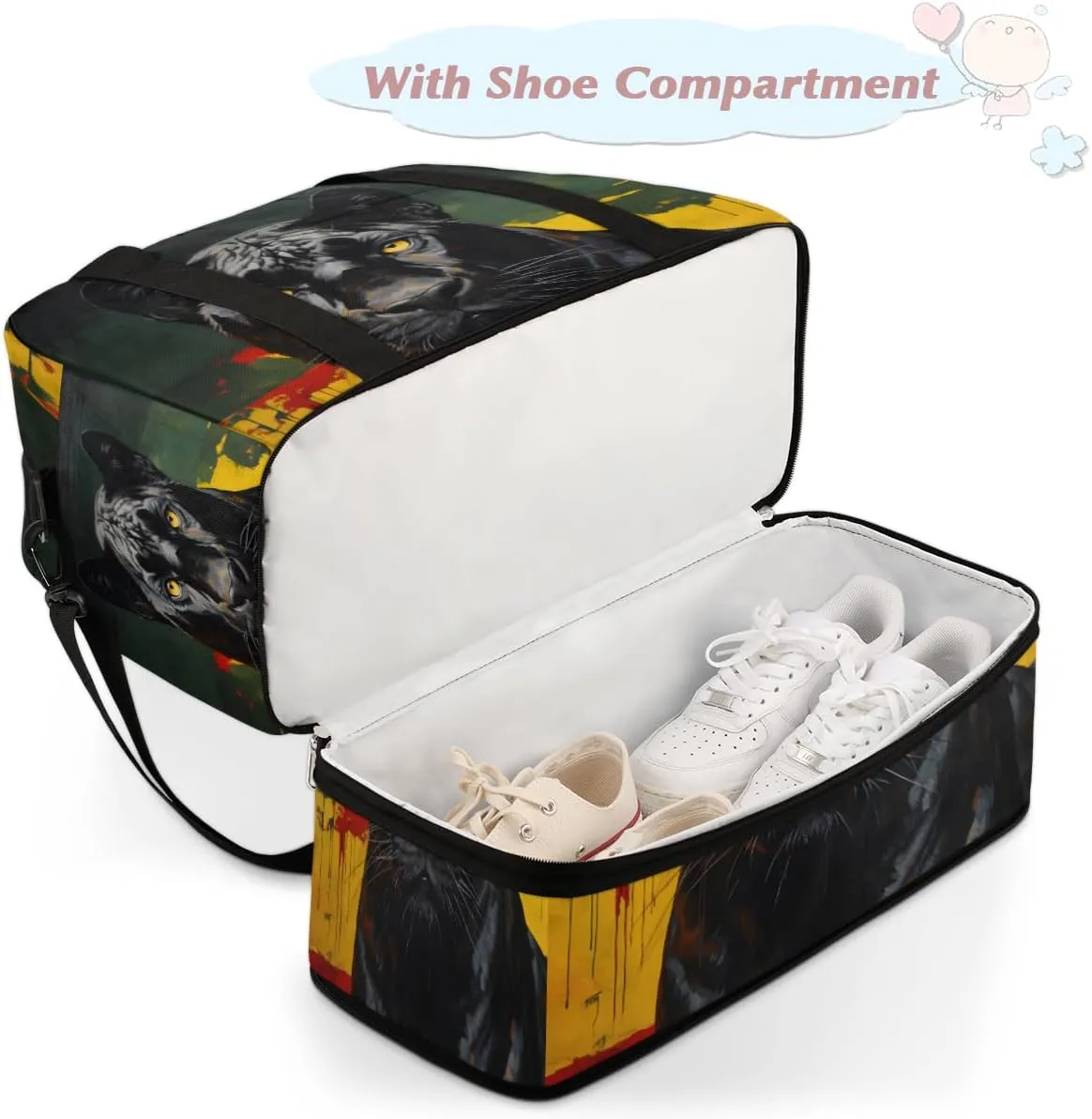 Black Leopard Foldable Travel Duffel Bag Overnight Weekender Bag with Shoes Compartment Sports Gym Bag for Men Women