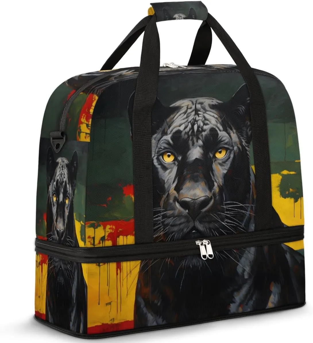 Black Leopard Foldable Travel Duffel Bag Overnight Weekender Bag with Shoes Compartment Sports Gym Bag for Men Women