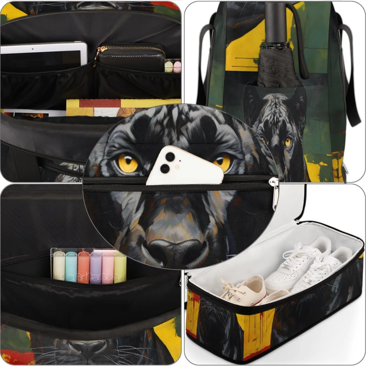 Black Leopard Foldable Travel Duffel Bag Overnight Weekender Bag with Shoes Compartment Sports Gym Bag for Men Women
