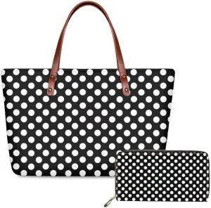 Black Polka Dot Handbag and Wallet Set Woman Shoulder Bag Top Handle Bag Tote Purse
