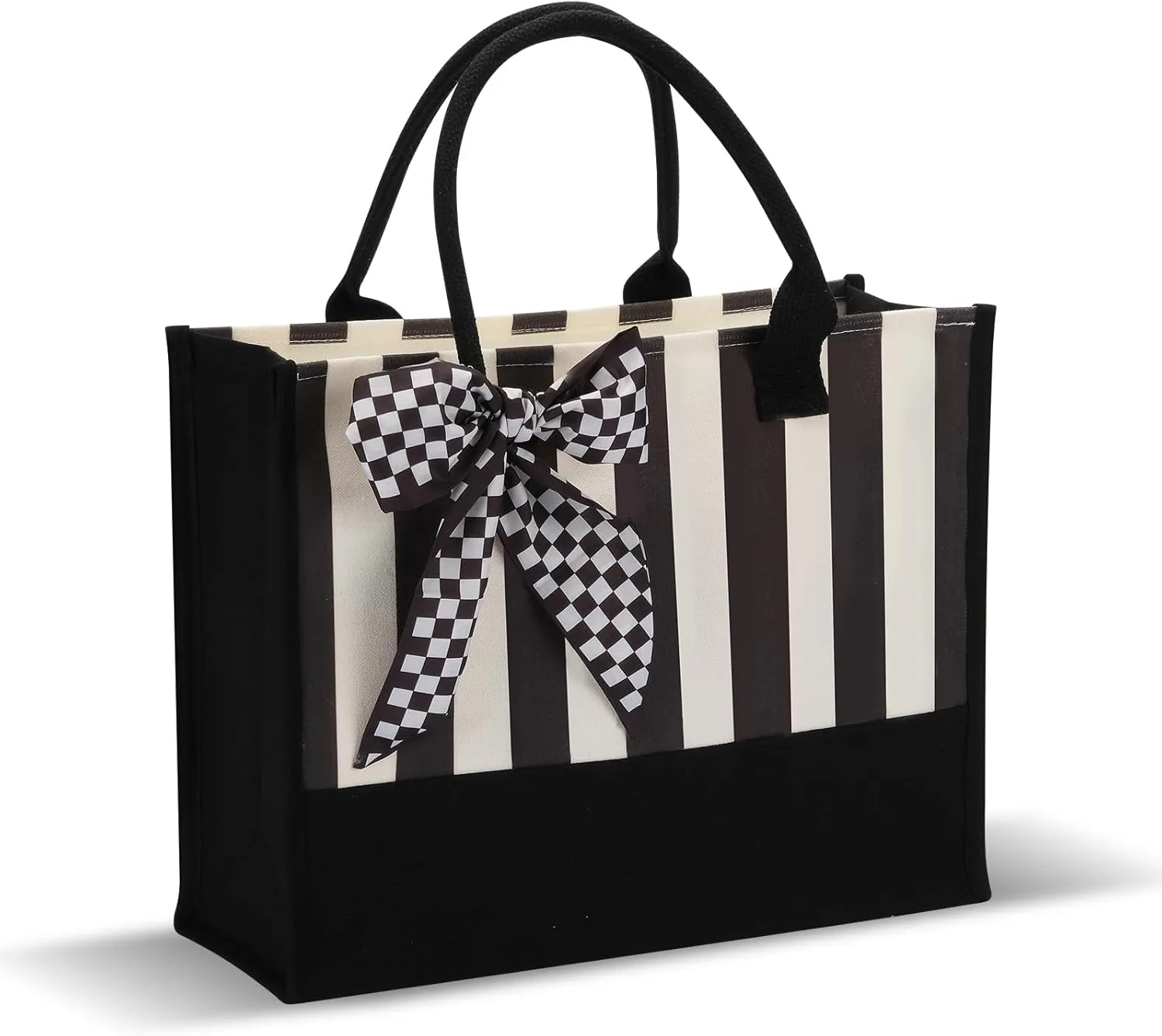 Black White Polka Dot Checkered Plaid Stripes Canvas Tote Bag, Waterproof Durable Tear Resistant with Zipper Closure