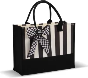Black White Polka Dot Checkered Plaid Stripes Canvas Tote Bag, Waterproof Durable Tear Resistant with Zipper Closure