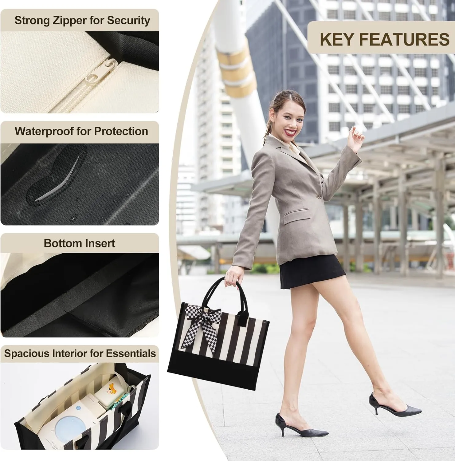 Black White Polka Dot Checkered Plaid Stripes Canvas Tote Bag, Waterproof Durable Tear Resistant with Zipper Closure