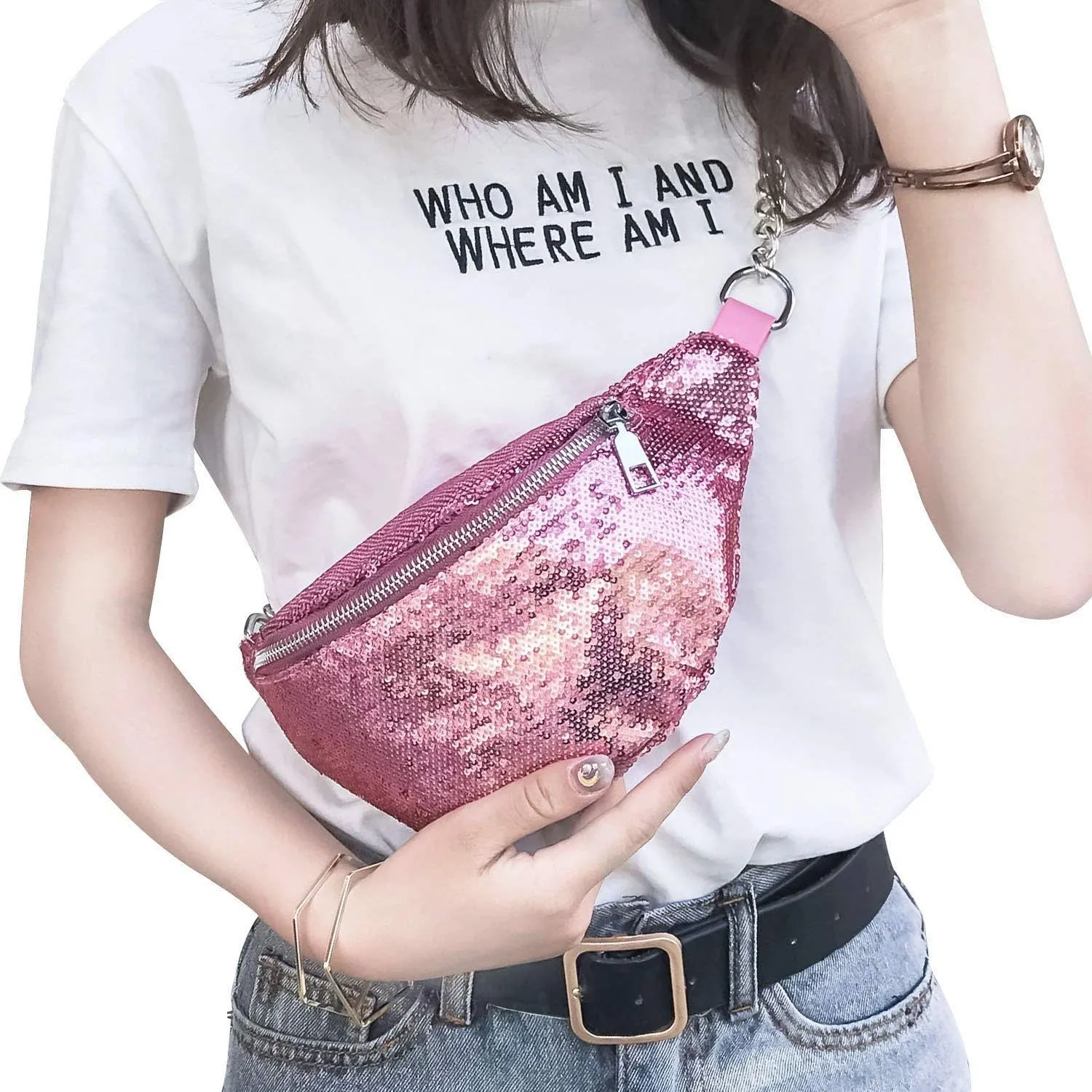 Bling Sequins Fanny Waist Pack Glitter Shoulder Chest Bag with Adjustable Belt for Women Girl