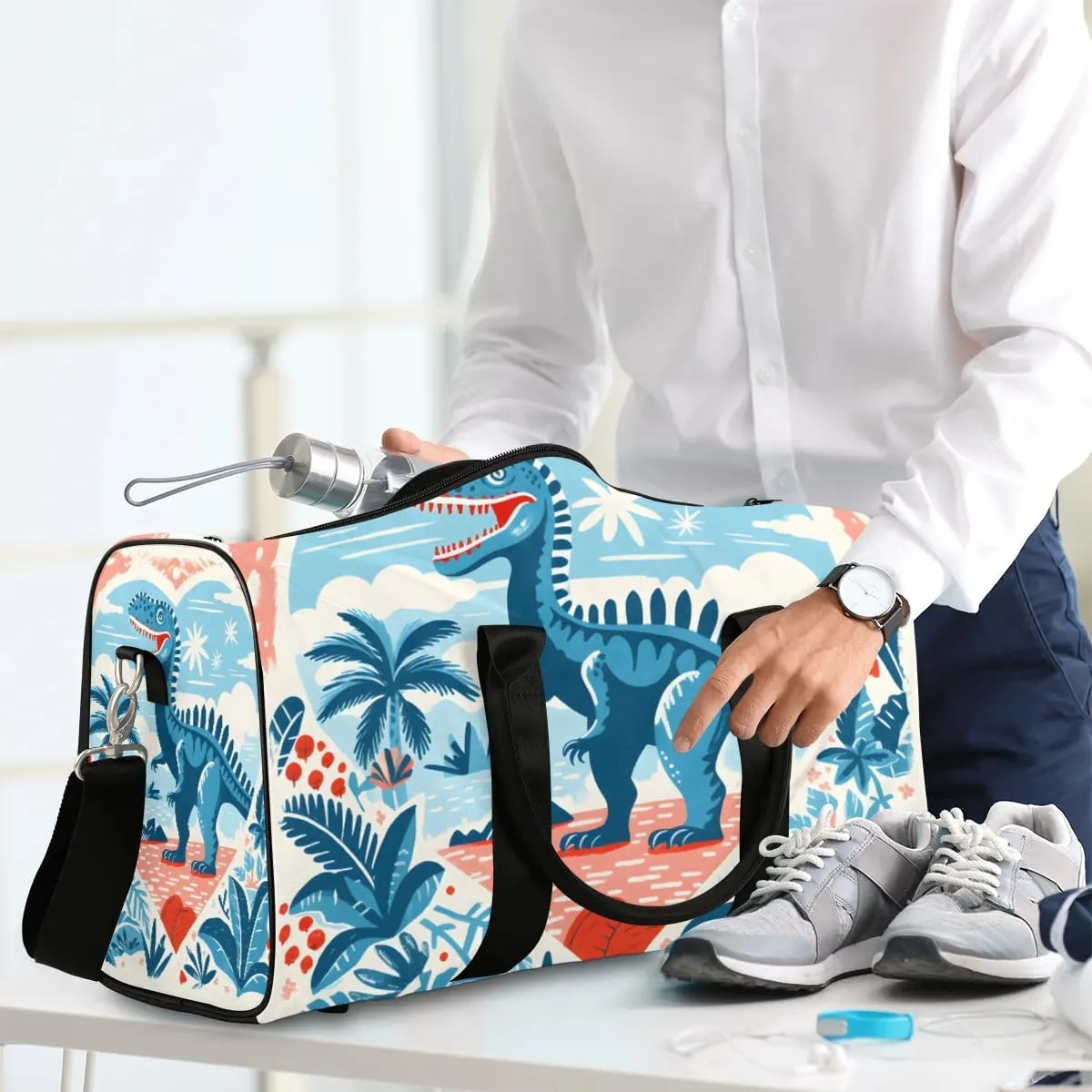 Blue Dinosaur Travel Duffel Bag for Women Men Waterproof Foldable Overnight Weekender Bag Large Capacity Sports Gym Bag