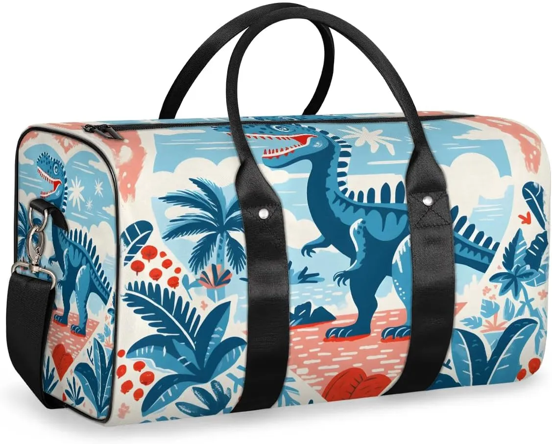 Blue Dinosaur Travel Duffel Bag for Women Men Waterproof Foldable Overnight Weekender Bag Large Capacity Sports Gym Bag