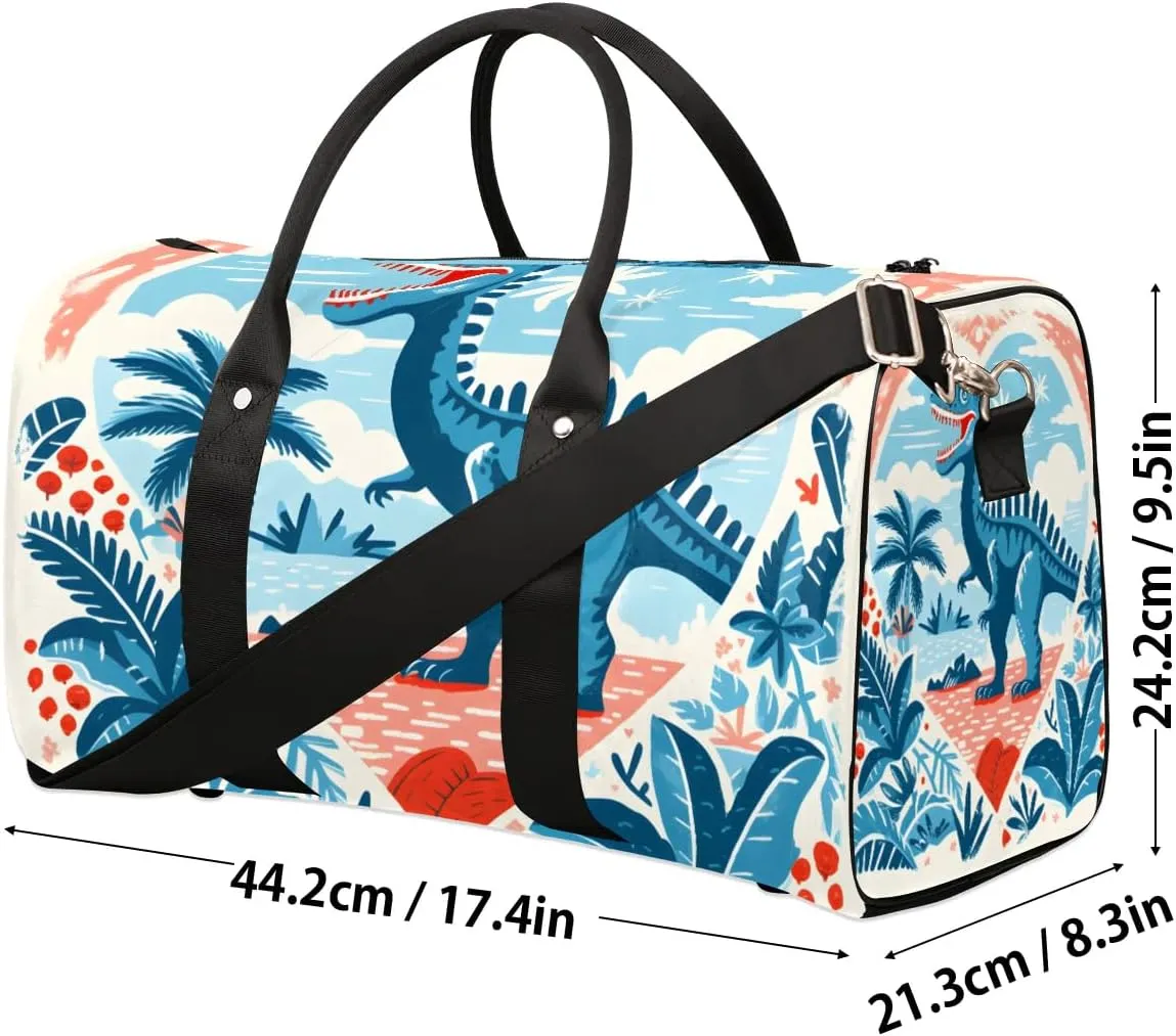 Blue Dinosaur Travel Duffel Bag for Women Men Waterproof Foldable Overnight Weekender Bag Large Capacity Sports Gym Bag