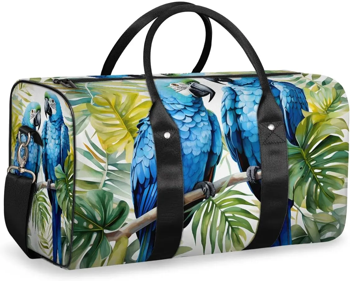 Blue Floral Bird Parrot Travel Duffel Bag for Women Men Waterproof Foldable Overnight Weekender Bag Large Capacity Sports Gym Bag