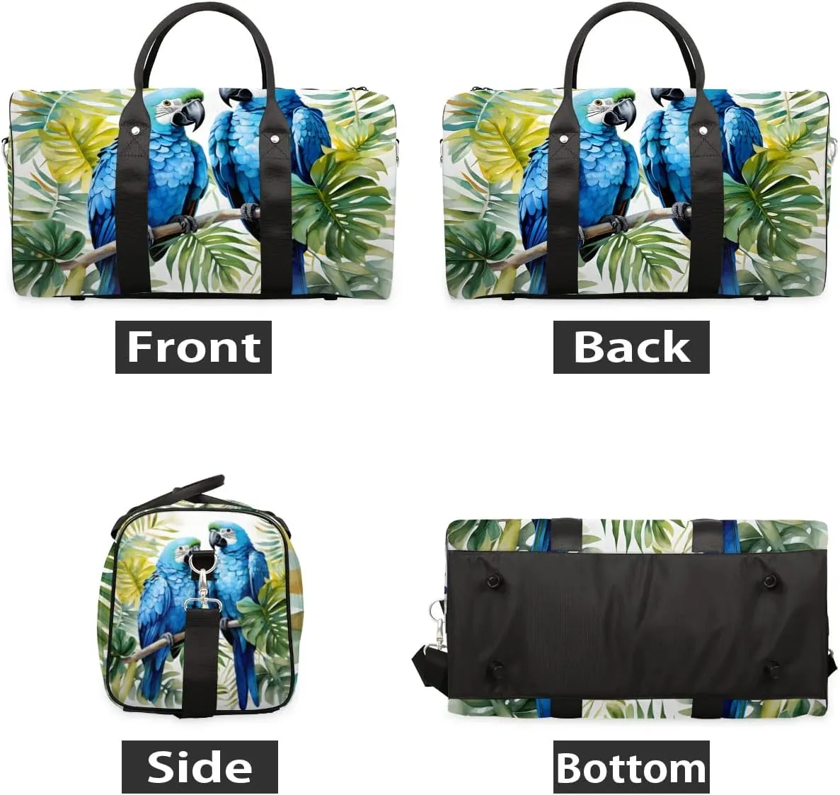Blue Floral Bird Parrot Travel Duffel Bag for Women Men Waterproof Foldable Overnight Weekender Bag Large Capacity Sports Gym Bag