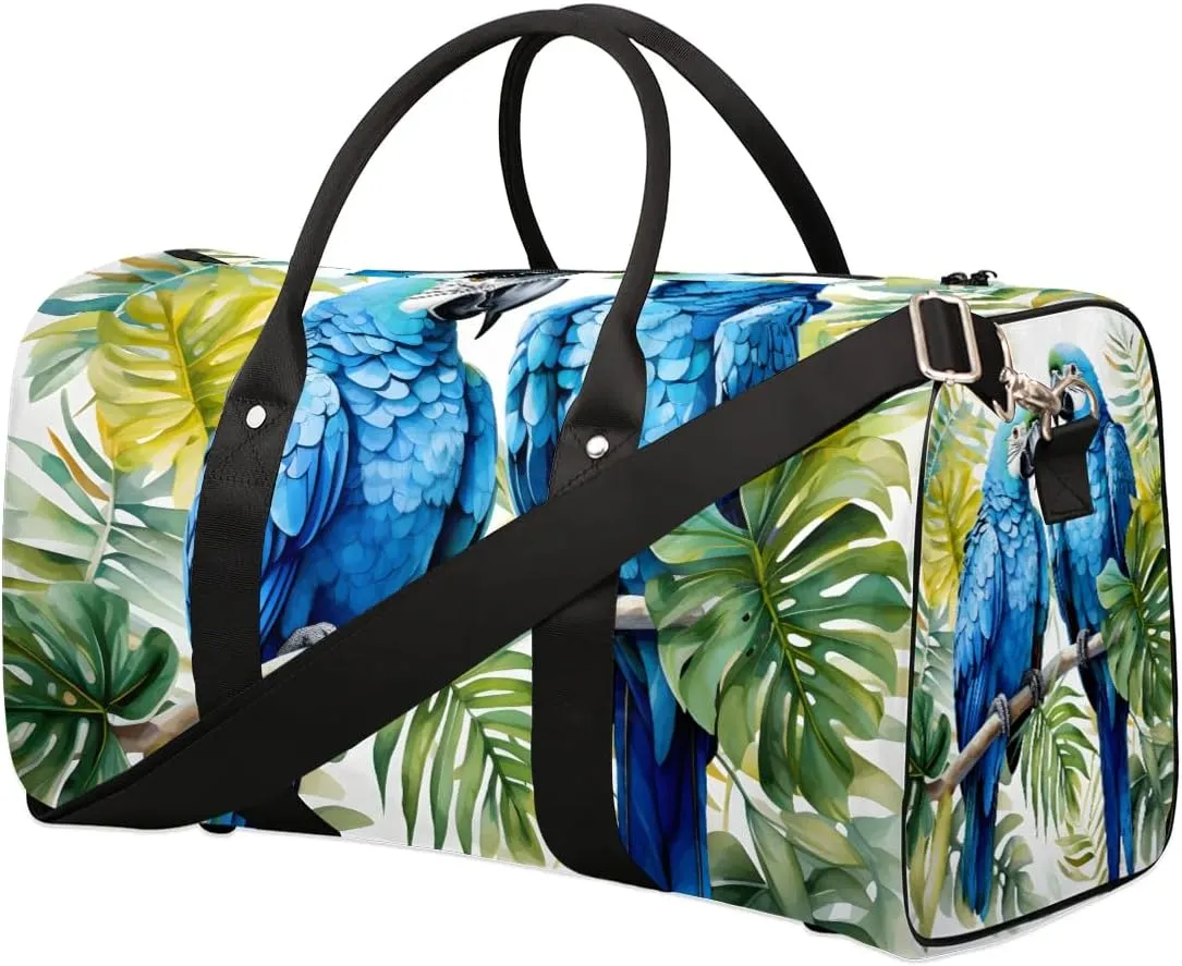 Blue Floral Bird Parrot Travel Duffel Bag for Women Men Waterproof Foldable Overnight Weekender Bag Large Capacity Sports Gym Bag