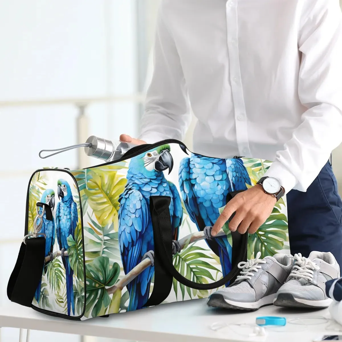Blue Floral Bird Parrot Travel Duffel Bag for Women Men Waterproof Foldable Overnight Weekender Bag Large Capacity Sports Gym Bag