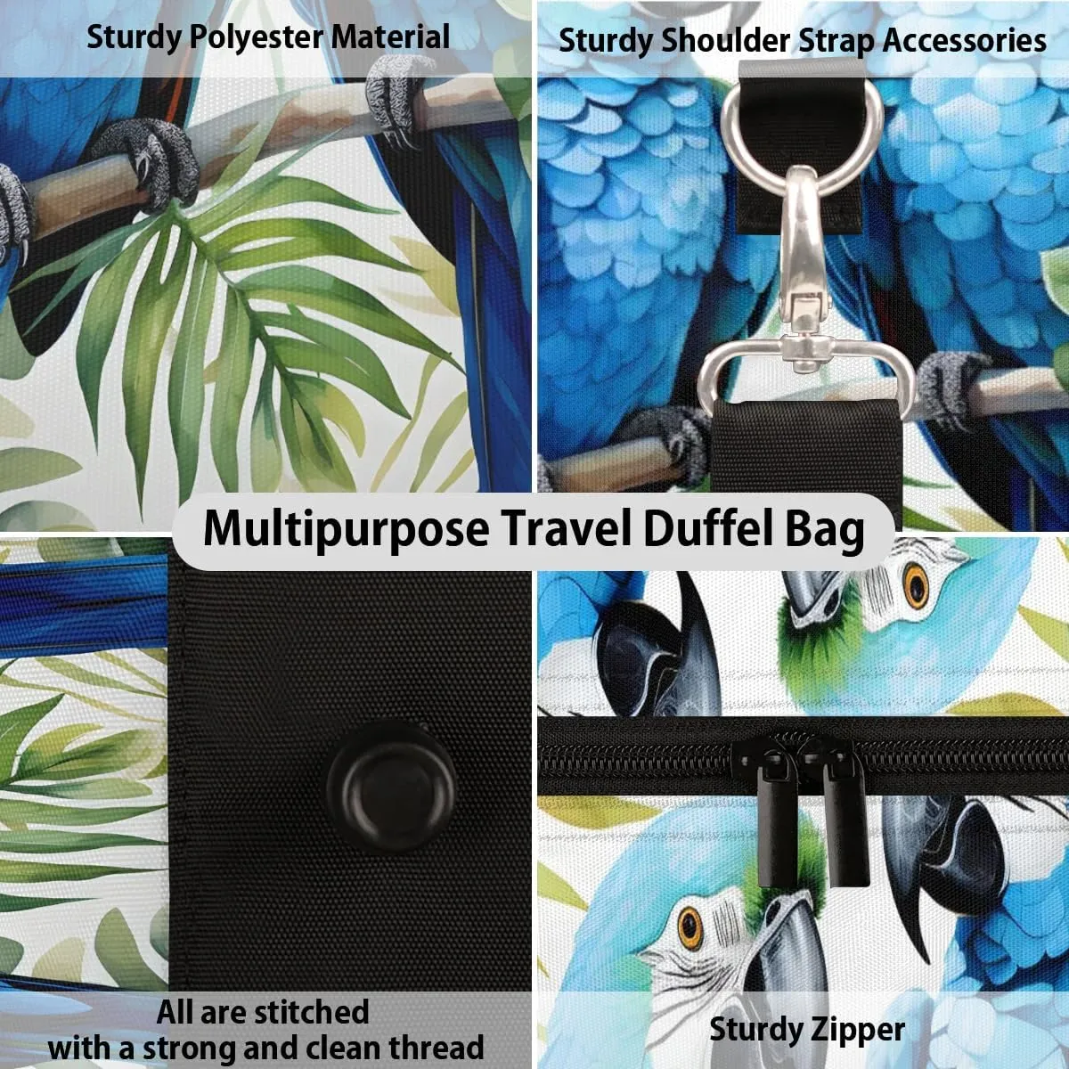 Blue Floral Bird Parrot Travel Duffel Bag for Women Men Waterproof Foldable Overnight Weekender Bag Large Capacity Sports Gym Bag