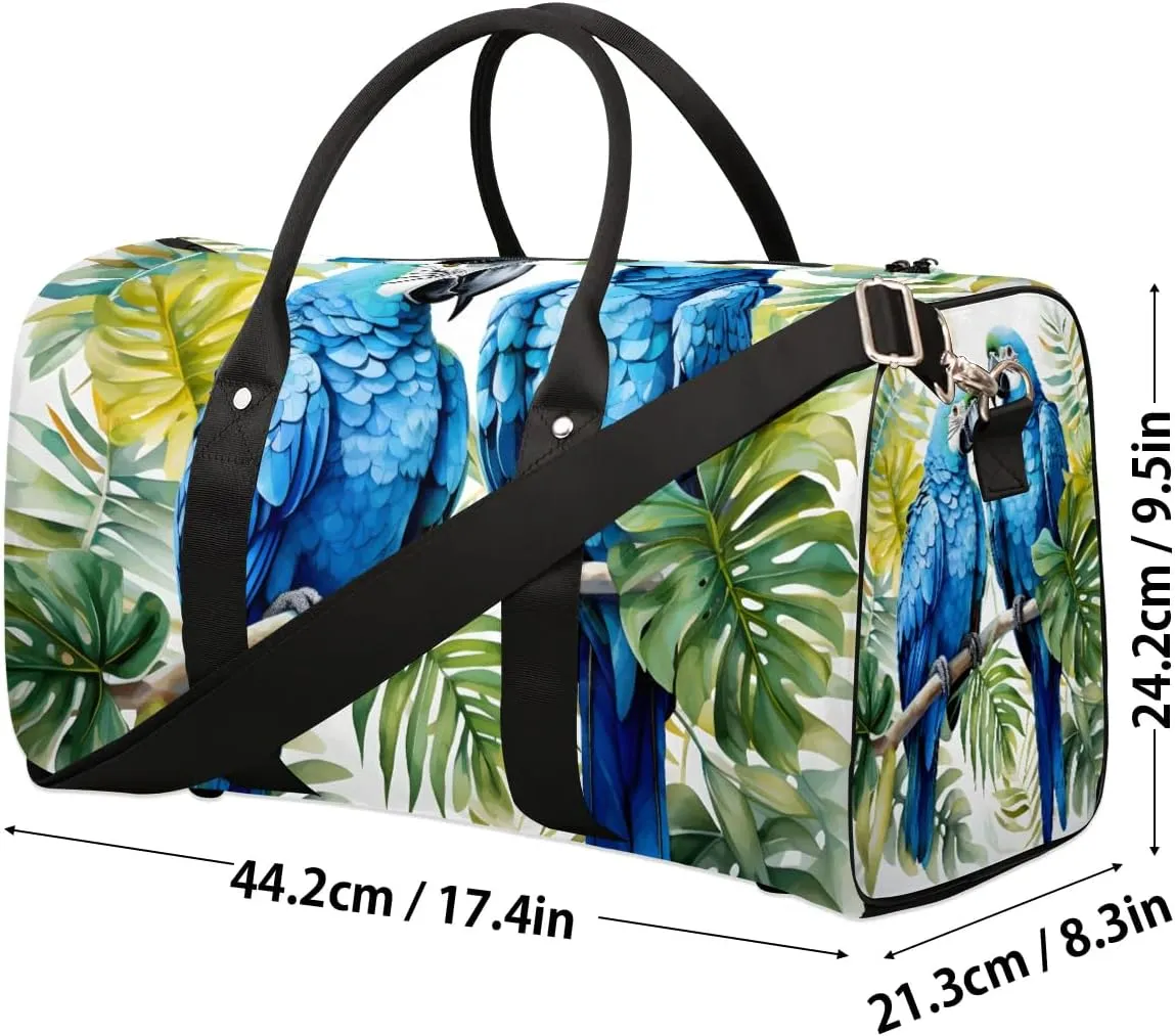 Blue Floral Bird Parrot Travel Duffel Bag for Women Men Waterproof Foldable Overnight Weekender Bag Large Capacity Sports Gym Bag